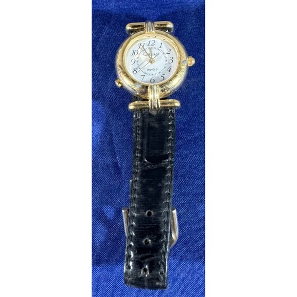 Carriage Indiglo White Dial Gold Tone Case 26 mm Black Leather Band Watch - Picture 1 of 4